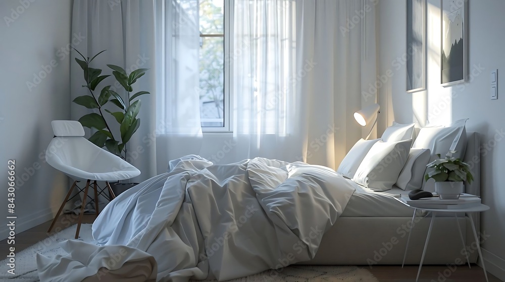Obraz premium Bedroom features a cozy unmade bed with natural morning light streaming through sheer curtains for.