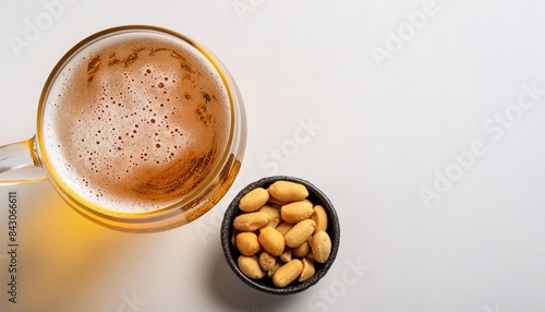 roasted peanut or peanuts with a cold beer in glass mug or bottle - Arachis hypogaea - isolated on white background with copy space. sports bar, tavern, saloon, pub standards. photo