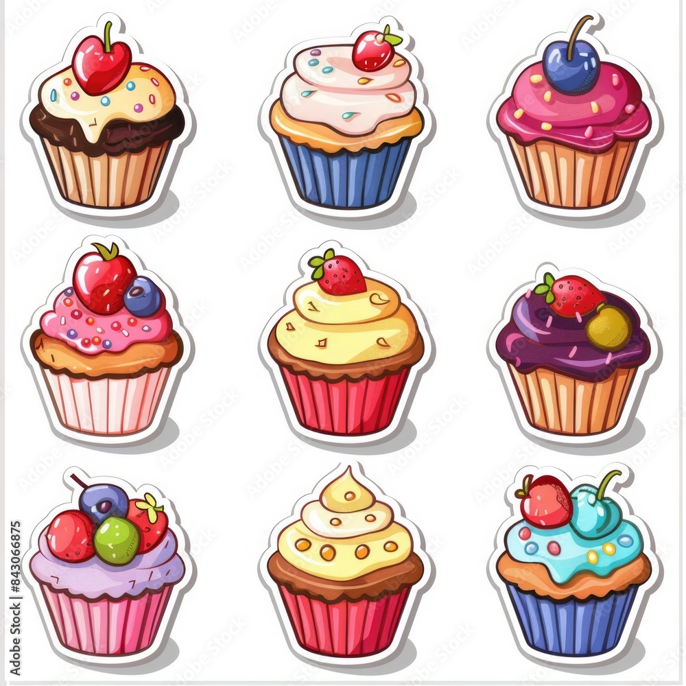 Cartoon Cupcakes Set. Cute Birthday Muffin Stickers Isolated on Baby Background Cartoon Cupcakes Set. Cute Birthday Muffin Stickers Isolated on Baby Background