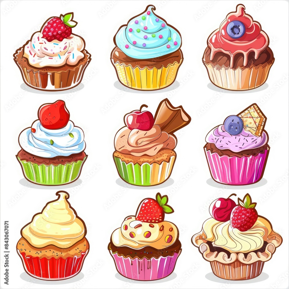 Cupcakes Cartoon. Set of Cute Muffins and Cookies Isolated on Baby Birthday Background Cupcakes Cartoon. Set of Cute Muffins and Cookies Isolated on Baby Birthday Background