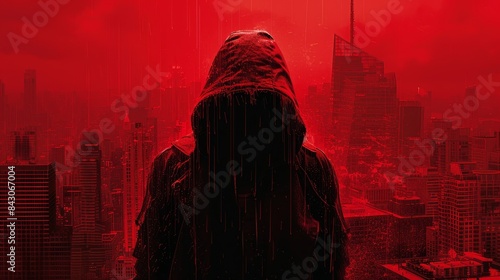 Image depicts a hooded figure in a red-toned cityscape with a heavy rainfall effect, creating a mood of mystery and suspense photo