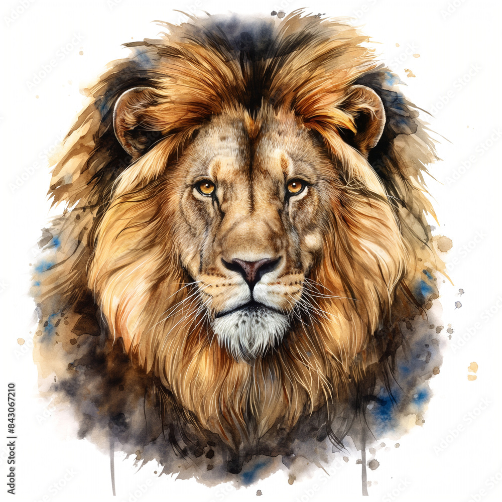 Naklejka premium A Watercolor Lion isolated on a white background. Design art, clipart image, Graphic logo, drawing clipart, lion vector, Illustration painting.