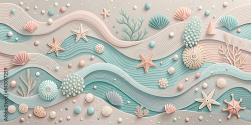 Abstract flat creative marine background in pastel blue and pink colors with sea waves, starfish, seashells and corals. Generative Ai.