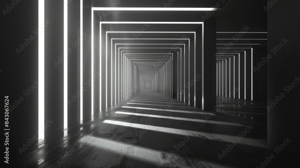 Fototapeta premium abstract black and white background with long corridor in the center, minimalistic geometric lines on clean wall, light reflection from the floor