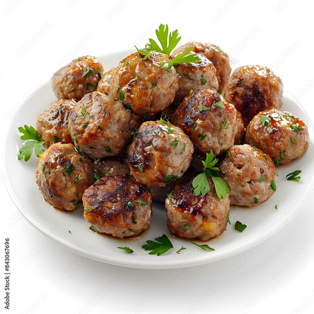 Tasty meatballs with herbs on white plate Tasty meatballs with herbs on white plate