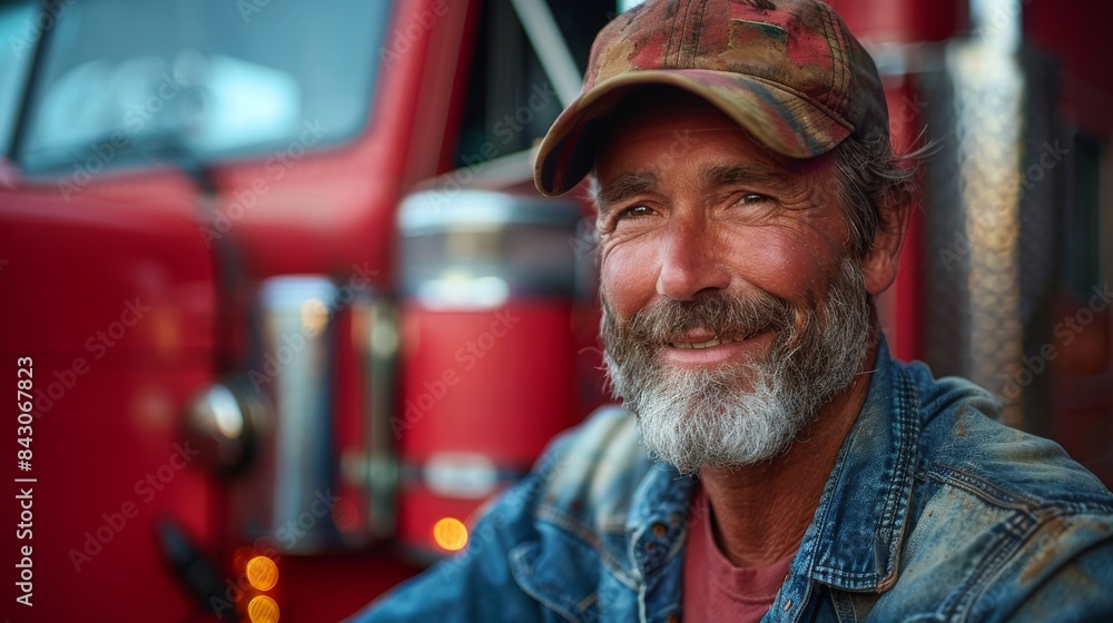 A mature man with a warm smile wearing a hat, standing beside a vintage red truck A mature man with a warm smile wearing a hat, standing beside a vintage red truck