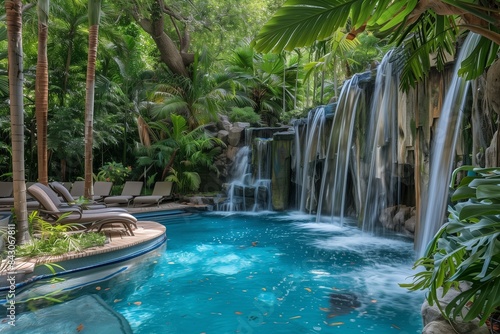 A pristine spa swimming pool nestled in a tropical paradise  with cascading waterfalls  chic loungers  and lush foliage  creating a secluded retreat where the tranquil sound of flowing water.
