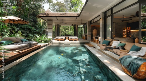 A serene and upscale living area seamlessly connects to an inviting pool surrounded by lush greenery © svastix
