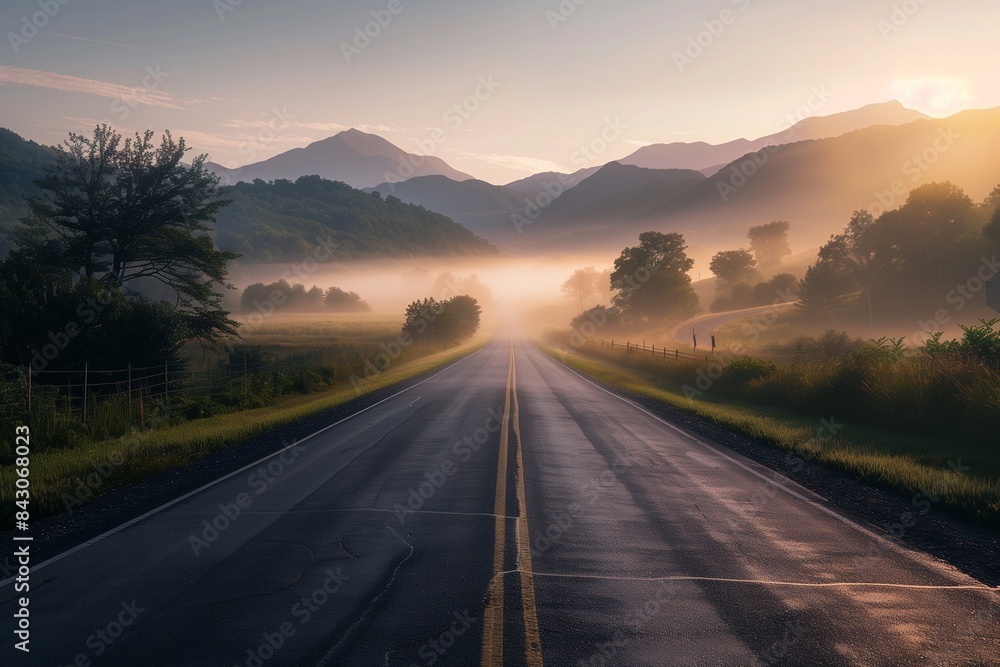 A quiet road route through a misty valley at sunrise, the perspective guiding the eye towards a distant, rugged mountain range, with the soft morning light creating an atmosphere . A quiet road route through a misty valley at sunrise, the perspective guiding the eye towards a distant, rugged mountain range, with the soft morning light creating an atmosphere .