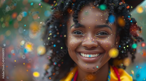 Smiling young woman with colorful confetti and blurred bokeh lights in background