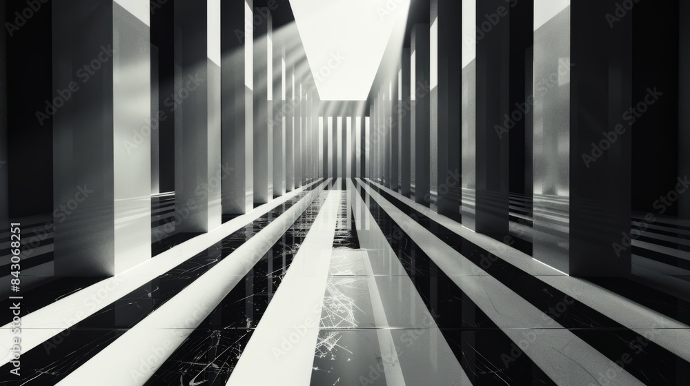 abstract black and white background with long corridor in the center, minimalistic geometric lines on clean wall, light reflection from the floor abstract black and white background with long corridor in the center, minimalistic geometric lines on clean wall, light reflection from the floor