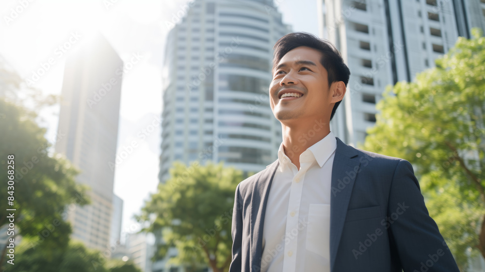 Confident happy smiling Asian businessman standing in the city, man entrepreneur in business suit Confident happy smiling Asian businessman standing in the city, man entrepreneur in business suit