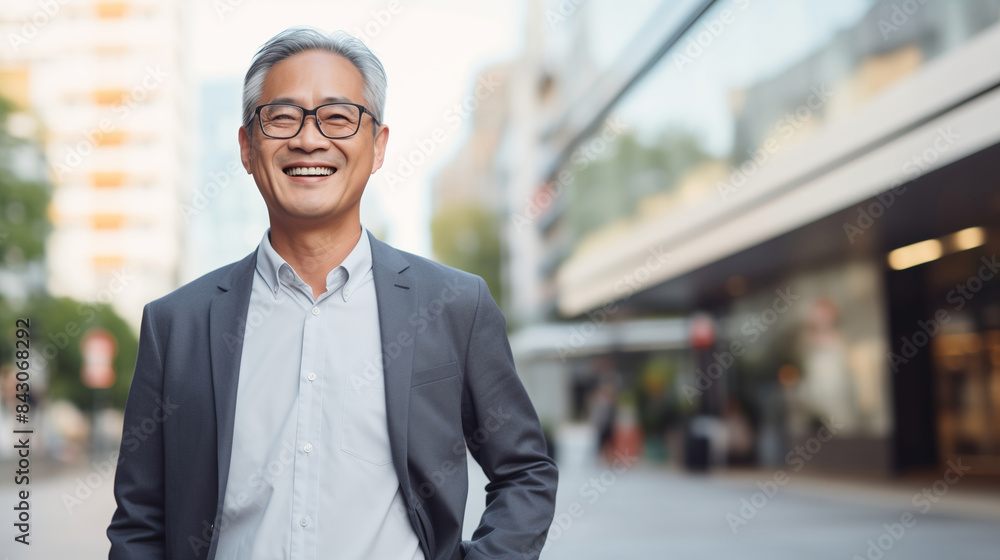 Confident happy smiling mature Asian businessman standing in the city, man in business suit outdoors Confident happy smiling mature Asian businessman standing in the city, man in business suit outdoors
