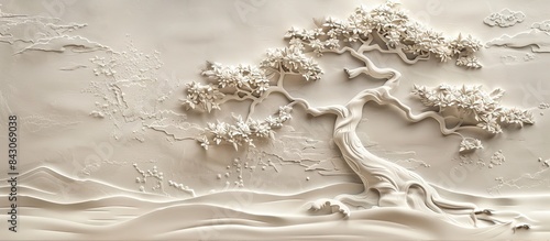 Fototapeta Naklejka Na Ścianę i Meble -  Beautiful Chinese landscape 3d relief wallpaper. Mural wallpaper. Wall art. AI generated illustration.
