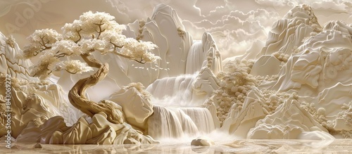 Beautiful landscapes 3d relief wallpaper. Mural wallpaper. Wall art. AI generated illustration