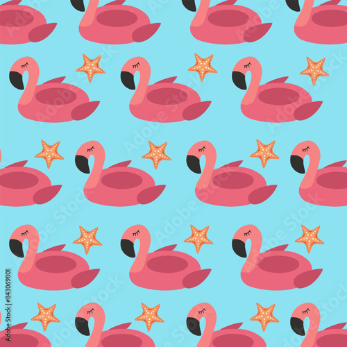 Cute vector seamless background with flamingo and starfish pattern. photo