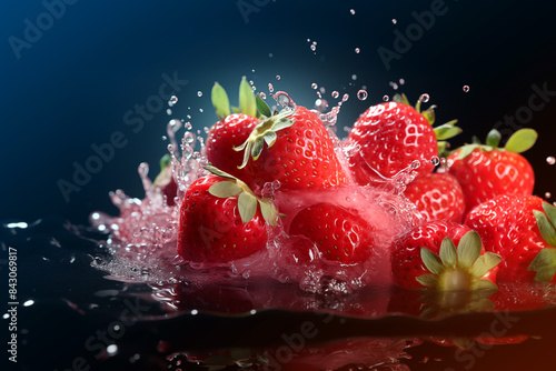 Fresh strawberries in splashes on a dark background