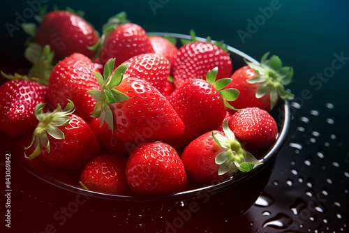 Fresh strawberries lie in a cup on a dark background