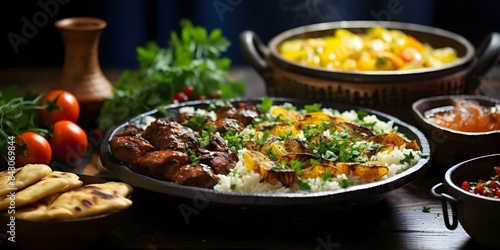 Arabic Grilled Dishes Menu Kebab, Mansaf, Shawarma, and More. Concept Arabic Cuisine, Grilled Dishes, Kebab, Mansaf, Shawarma, Middle Eastern Flavors
