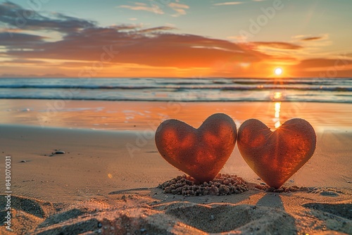 Two perfectly formed hearts side by side in the sand, with the sun setting on the horizon, creating a breathtaking gradient of orange and pink across the sky and reflecting on the calm sea.