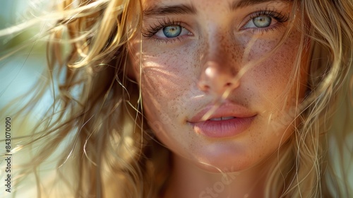 Striking close-up portrait of a young woman with freckles and sun-kissed light filtering through her hair
