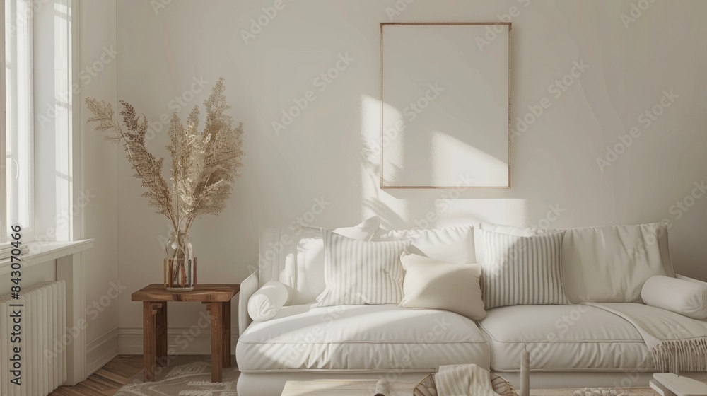 render of one vertical blank frames in a mockup cozy living room, a white sofa with striped pillows and a wooden white table near a window with natural light, white walls render of one vertical blank frames in a mockup cozy living room, a white sofa with striped pillows and a wooden white table near a window with natural light, white walls