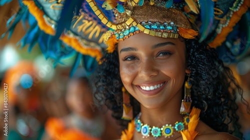 The joyful face of a young woman wearing a colorful carnival headpiece suggests celebration and cultural festivity