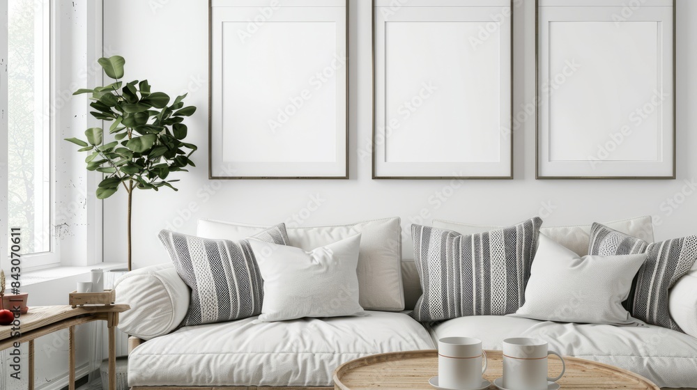 Fototapeta premium render of one vertical blank frames in a mockup cozy living room, a white sofa with striped pillows and a wooden white table near a window with natural light, white walls