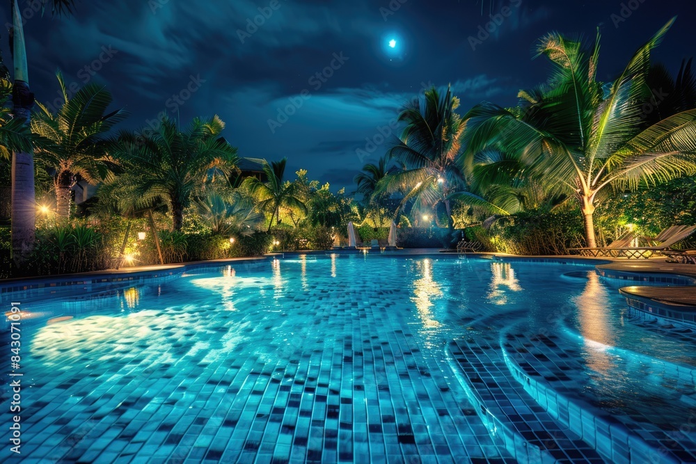 Night Pool Luxury: Swimming under Tropical Night Sky at Island Hotel