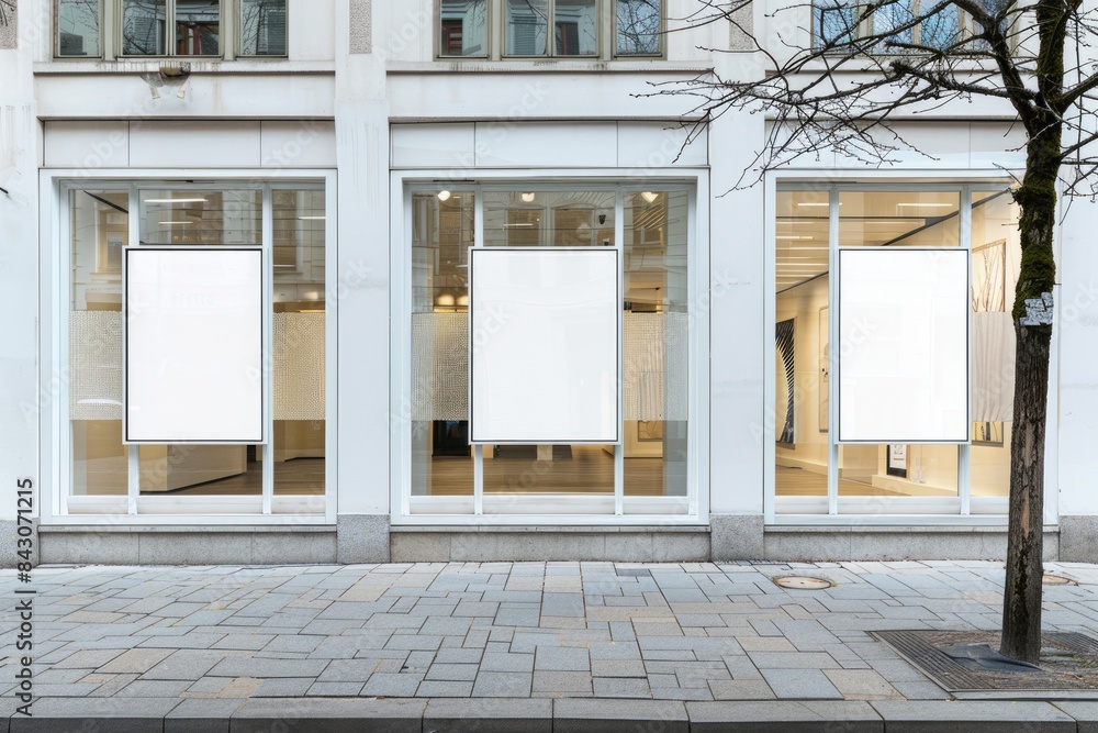Store Window Display. White Building Exterior with Mock Up Posters for Shop Exhibition Store Window Display. White Building Exterior with Mock Up Posters for Shop Exhibition