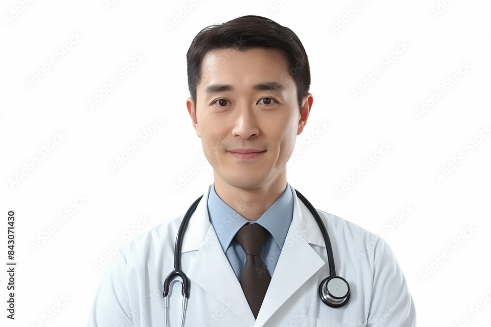 Asian smiling doctor on a white background. World of Medicine. Personal care profession. Medical studies. Asian doctor. China. Japan. Images for graphic designers. Image for communication. AI. Asian smiling doctor on a white background. World of Medicine. Personal care profession. Medical studies. Asian doctor. China. Japan. Images for graphic designers. Image for communication. AI.