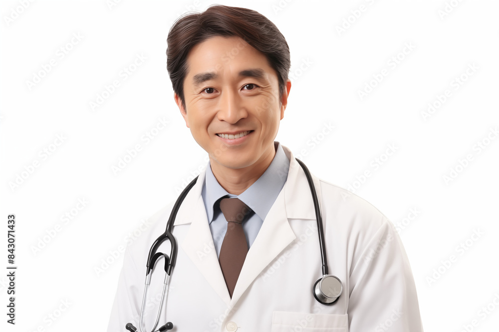 Asian smiling doctor on a white background. World of Medicine. Personal care profession. Medical studies. Asian doctor. China. Japan. Images for graphic designers. Image for communication. AI. Asian smiling doctor on a white background. World of Medicine. Personal care profession. Medical studies. Asian doctor. China. Japan. Images for graphic designers. Image for communication. AI.