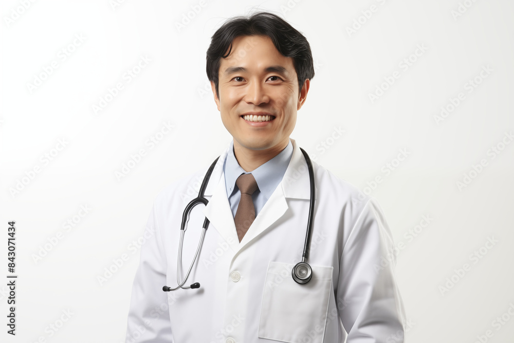 Asian smiling doctor on a white background. World of Medicine. Personal care profession. Medical studies. Asian doctor. China. Japan. Images for graphic designers. Image for communication. AI. Asian smiling doctor on a white background. World of Medicine. Personal care profession. Medical studies. Asian doctor. China. Japan. Images for graphic designers. Image for communication. AI.