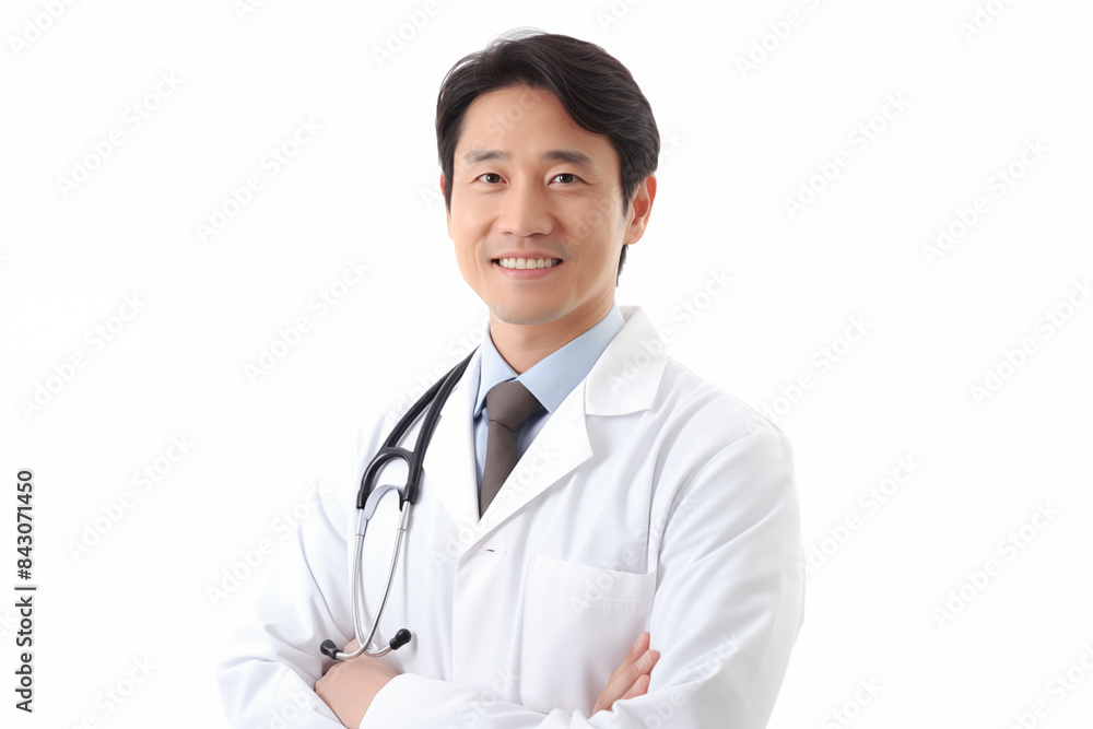 Asian smiling doctor on a white background. World of Medicine. Personal care profession. Medical studies. Asian doctor. China. Japan. Images for graphic designers. Image for communication. AI. Asian smiling doctor on a white background. World of Medicine. Personal care profession. Medical studies. Asian doctor. China. Japan. Images for graphic designers. Image for communication. AI.