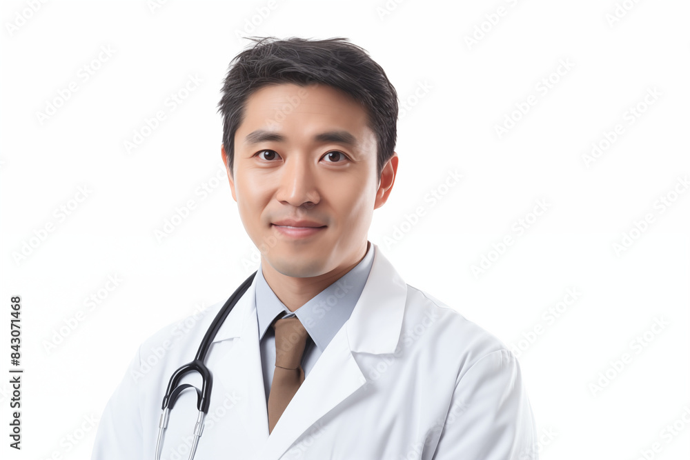 Asian smiling doctor on a white background. World of Medicine. Personal care profession. Medical studies. Asian doctor. China. Japan. Images for graphic designers. Image for communication. AI. Asian smiling doctor on a white background. World of Medicine. Personal care profession. Medical studies. Asian doctor. China. Japan. Images for graphic designers. Image for communication. AI.