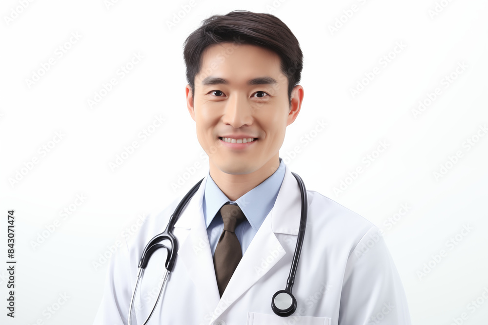 Asian smiling doctor on a white background. World of Medicine. Personal care profession. Medical studies. Asian doctor. China. Japan. Images for graphic designers. Image for communication. AI. Asian smiling doctor on a white background. World of Medicine. Personal care profession. Medical studies. Asian doctor. China. Japan. Images for graphic designers. Image for communication. AI.