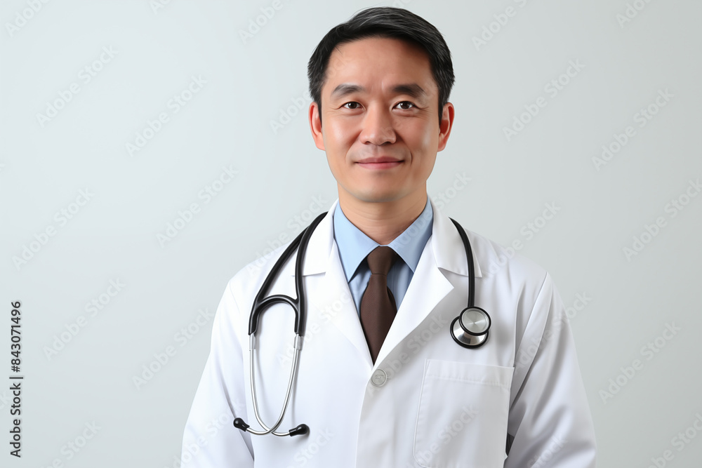 Asian smiling doctor on a white background. World of Medicine. Personal care profession. Medical studies. Asian doctor. China. Japan. Images for graphic designers. Image for communication. AI. Asian smiling doctor on a white background. World of Medicine. Personal care profession. Medical studies. Asian doctor. China. Japan. Images for graphic designers. Image for communication. AI.