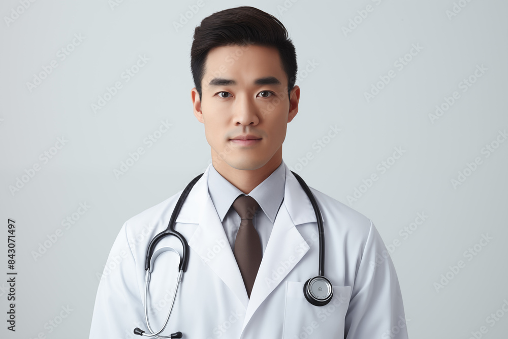 Asian smiling doctor on a white background. World of Medicine. Personal care profession. Medical studies. Asian doctor. China. Japan. Images for graphic designers. Image for communication. AI. Asian smiling doctor on a white background. World of Medicine. Personal care profession. Medical studies. Asian doctor. China. Japan. Images for graphic designers. Image for communication. AI.