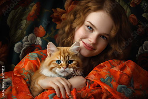 A portrait of a young woman holding her adorable orange Scottish Fold cat. emphasises the companionship and joy of pet ownership. photo