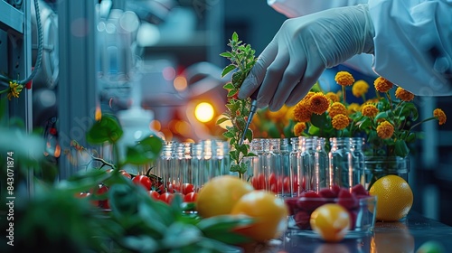A person is cutting up some fruit and vegetables in a lab