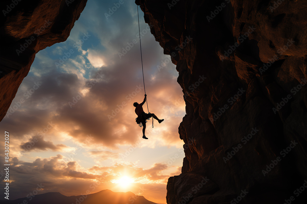 A rock climber is silhouetted against the evening sky as he rappels past an overhang A rock climber is silhouetted against the evening sky as he rappels past an overhang