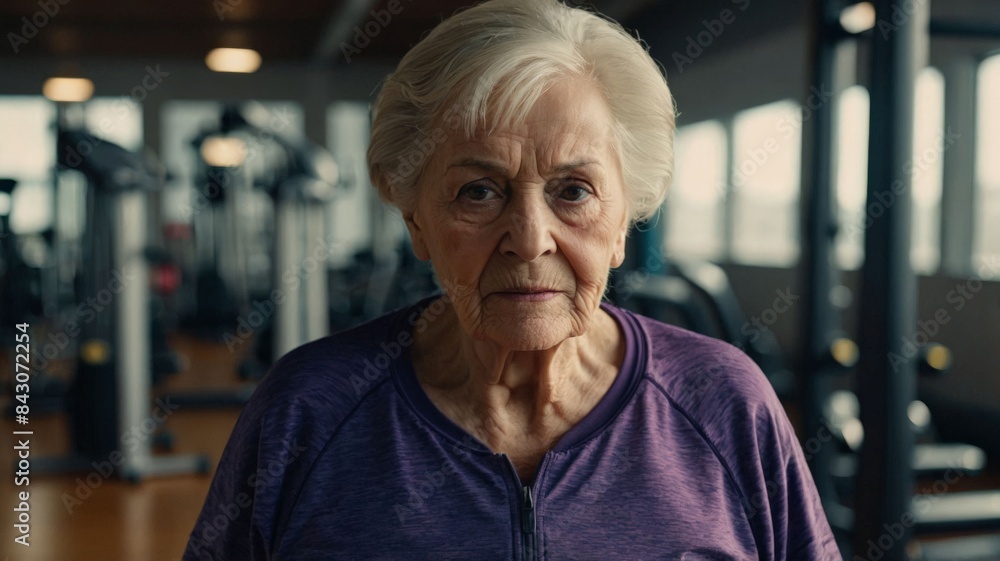 Elderly woman with exercise clothes in the gym, healthy lifestyle concept. Elderly woman with exercise clothes in the gym, healthy lifestyle concept.