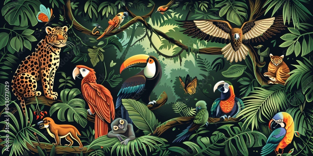 Illustration of the tropical rainforest flora and fauna Illustration of the tropical rainforest flora and fauna