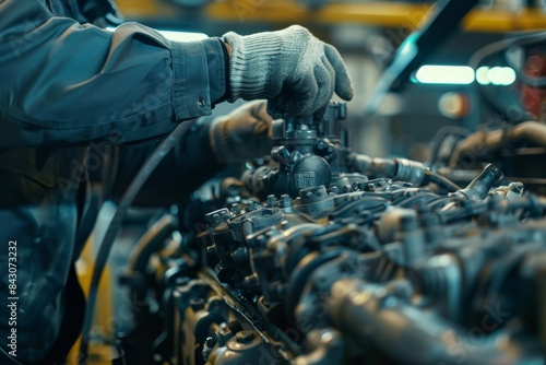 Mechanic Assembling Car Engine for Precision Automotive Repair and Maintenance Tasks © spyrakot