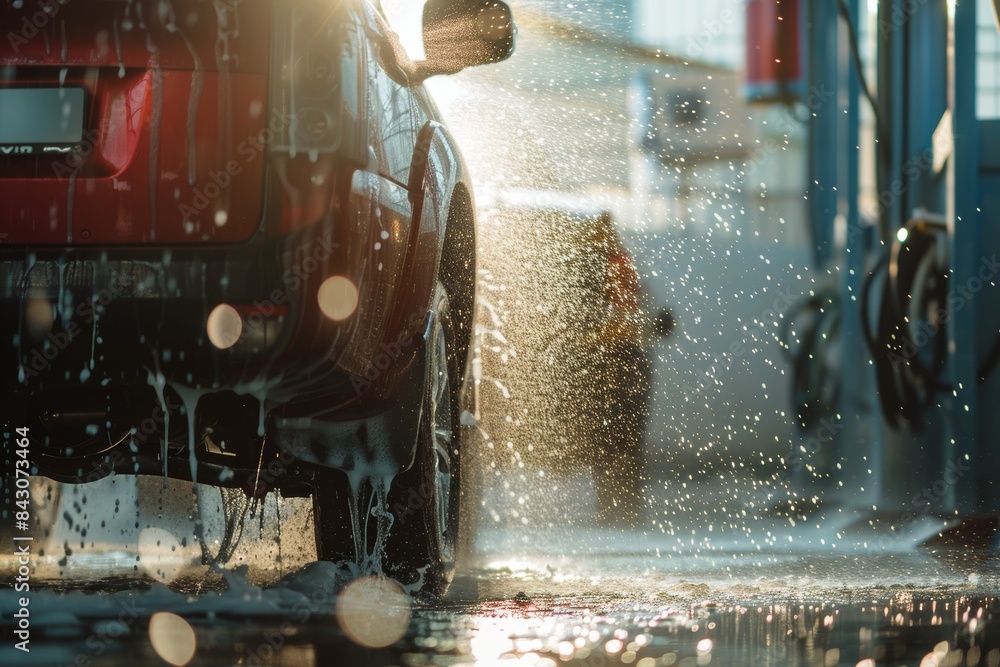 Professional Car Wash with High Pressure Water Jets and Sparkling Water Droplets on a Sunny Day Professional Car Wash with High Pressure Water Jets and Sparkling Water Droplets on a Sunny Day