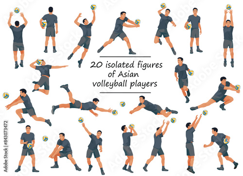 Vector figures of Asian volleyball team players in black T-shirts in various poses training, running, jumping, throwing, hitting the ball