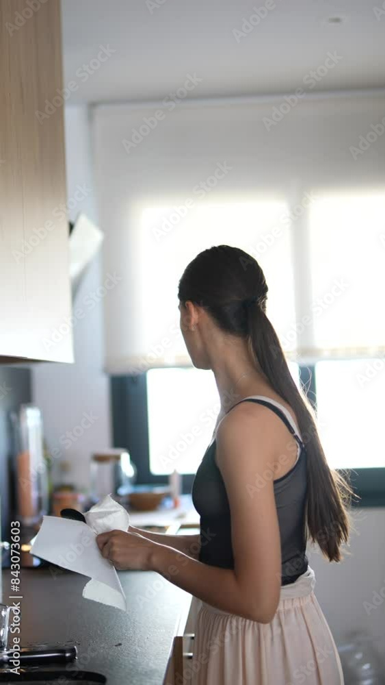 A young woman is cooking in a modern kitchen filled with abundant natural light A young woman is cooking in a modern kitchen filled with abundant natural light