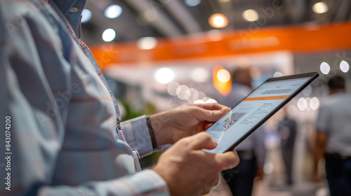 Representative at Trade Show Booth Interacting with Touchscreen Display