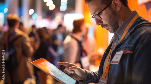 Representative at Trade Show Booth Interacting with Touchscreen Display