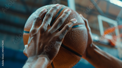 Closeup of a basketball player's hand holding a ball, with a blurred background of a gymnasium photo